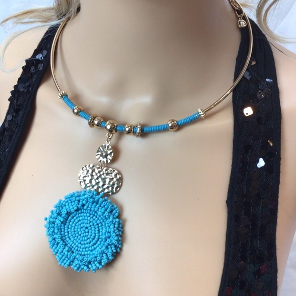 Est 1946 Bluefish Turquoise Blue Beaded Wire Choker Statement Necklace #C1 - Picture 7 of 8